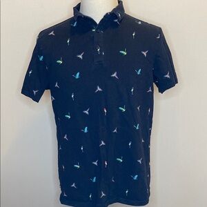 Superdry Premium City Polo Shirt in Colorful Bird Print and Blue Cotton (sz XL)